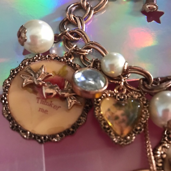 Vintage Betsey Johnson pink rose charm chain bracelet B40 think of me - Picture 6 of 7